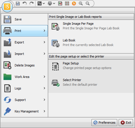 Image Studio 5.0 Print Image Options in Application menu