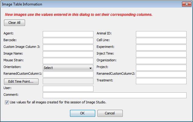 Image Table Information dialog