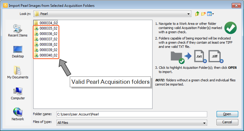Image Studio 5.0 Import Pearl Images from Selected Acquisition Folders dialog