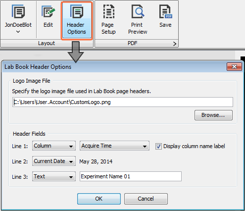 Lab Book Header Options button and dialog