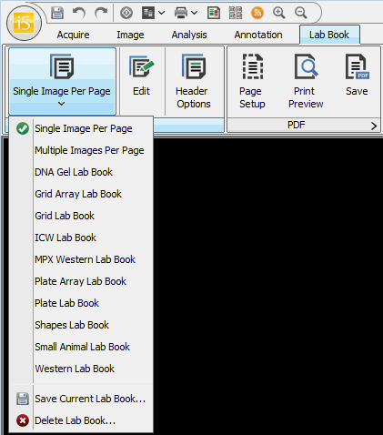 Image Studio lab book single image per page dropdown