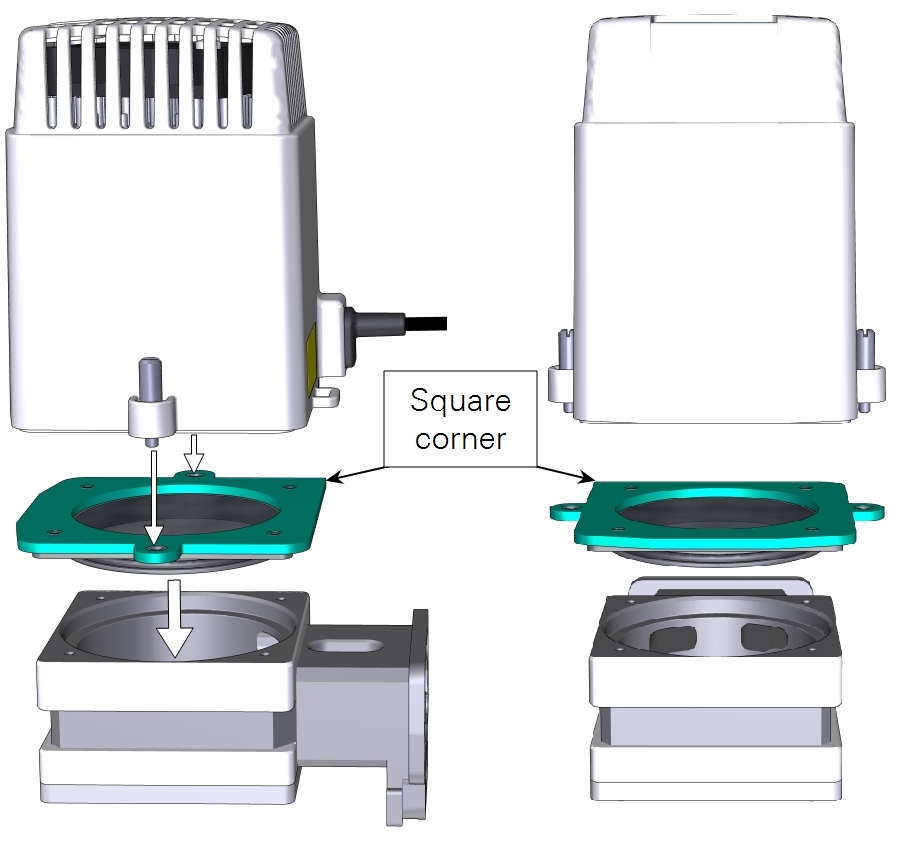 Align the corner with the cable with the pointed corner of the adapter plate.